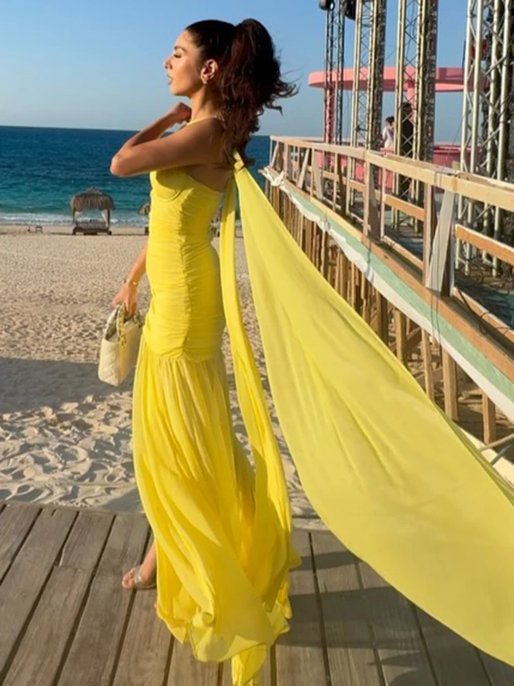 Elegant Yellow Halter Neck Ruched Mesh Pleated High Slit Party Dress - Image 5