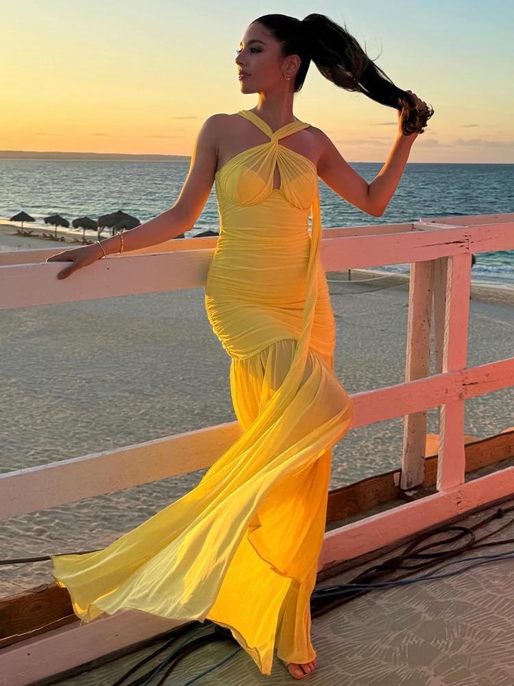 Elegant Yellow Halter Neck Ruched Mesh Pleated High Slit Party Dress - Image 4
