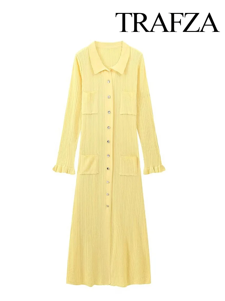 Yellow Knitted Ruffled Long Sleeve Elegant Casual Maxi Pocket Dress - Image 3