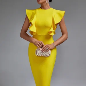 Yellow Prom Dresses Bodycon Bandage Midi Ruffle Sexy Party Evening Dress