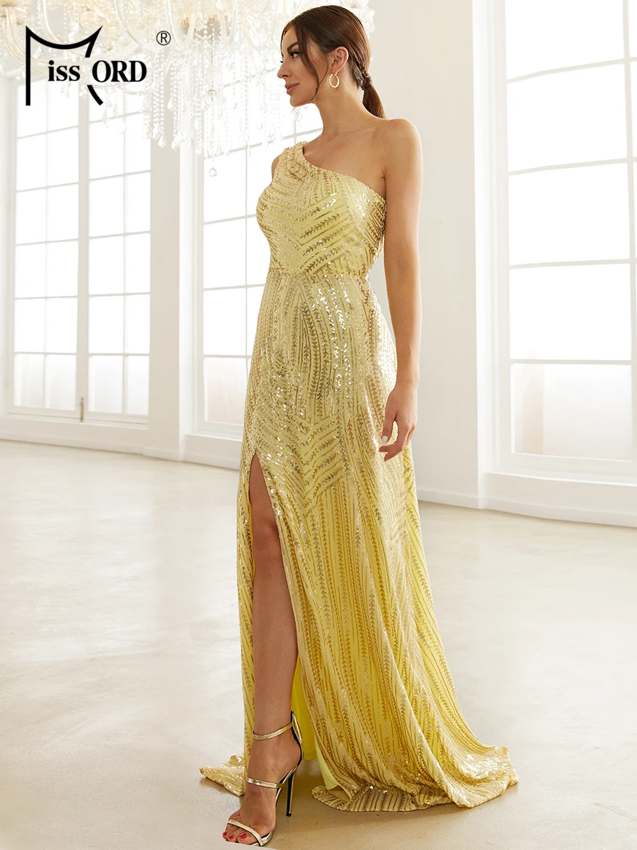 Elegant Yellow Sequin One Shoulder Sleeveless Split Prom Dress - Image 5