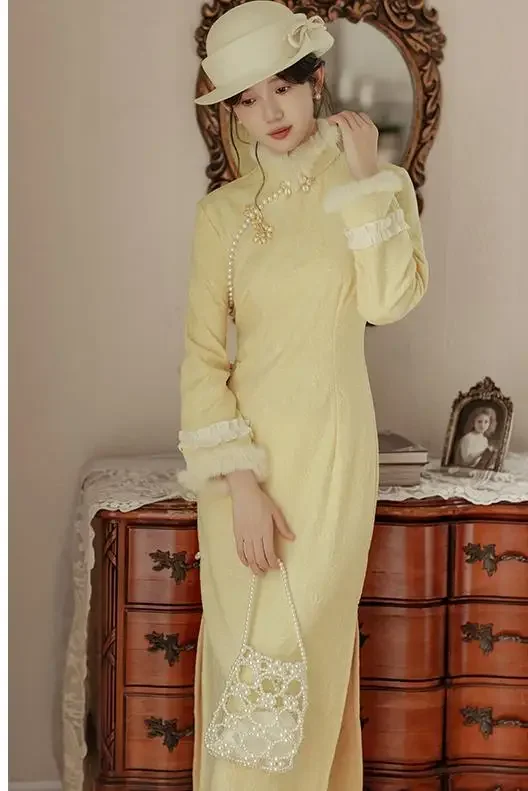 Yellow Beaded Jacquard Qipao Dress For Women Retro Autumn Style - Image 6