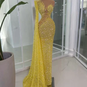 Yellow Glitter Mermaid Prom Dress One Shoulder With Pearls Gown