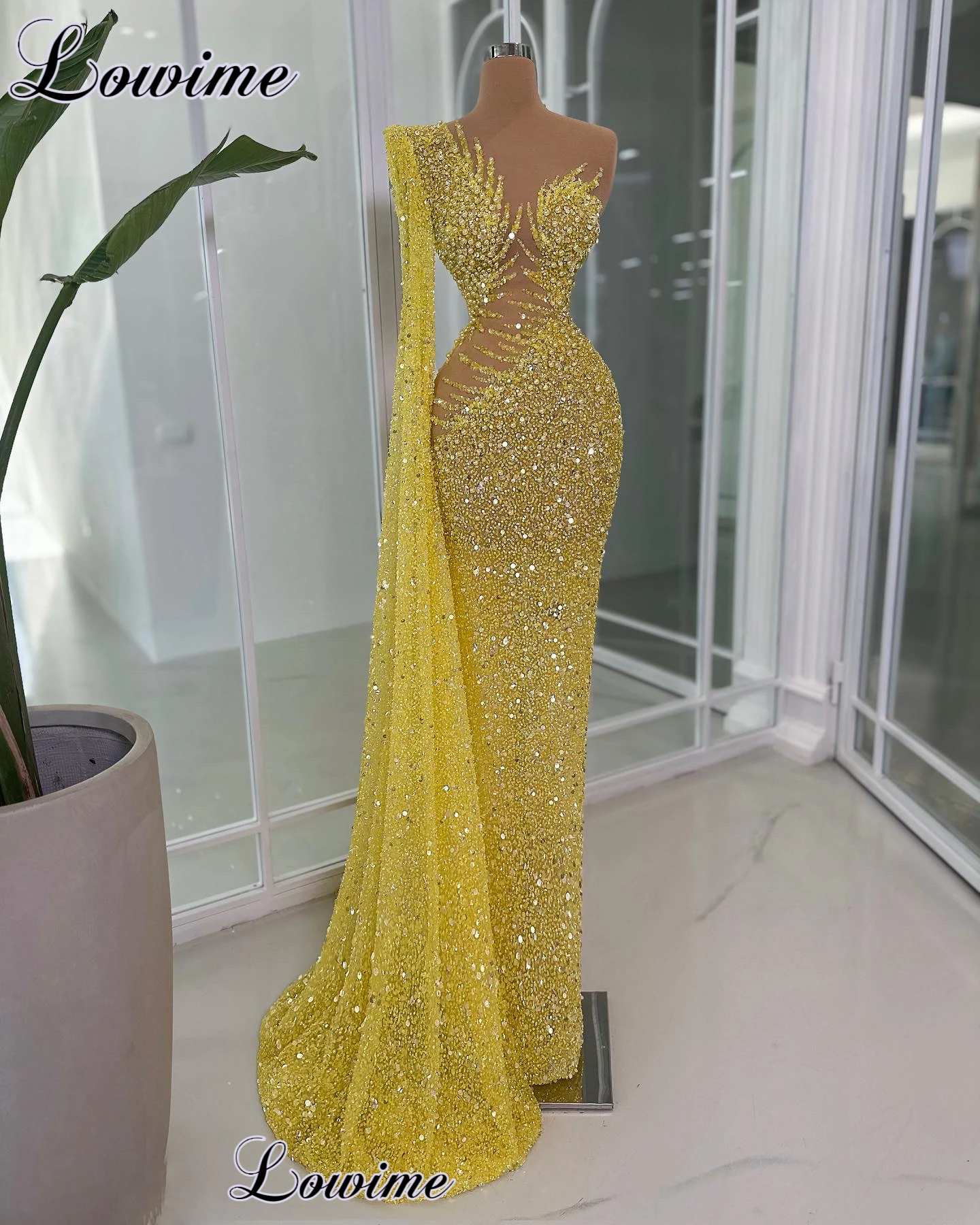 Yellow Glitter Mermaid Prom Dress One Shoulder With Pearls Gown