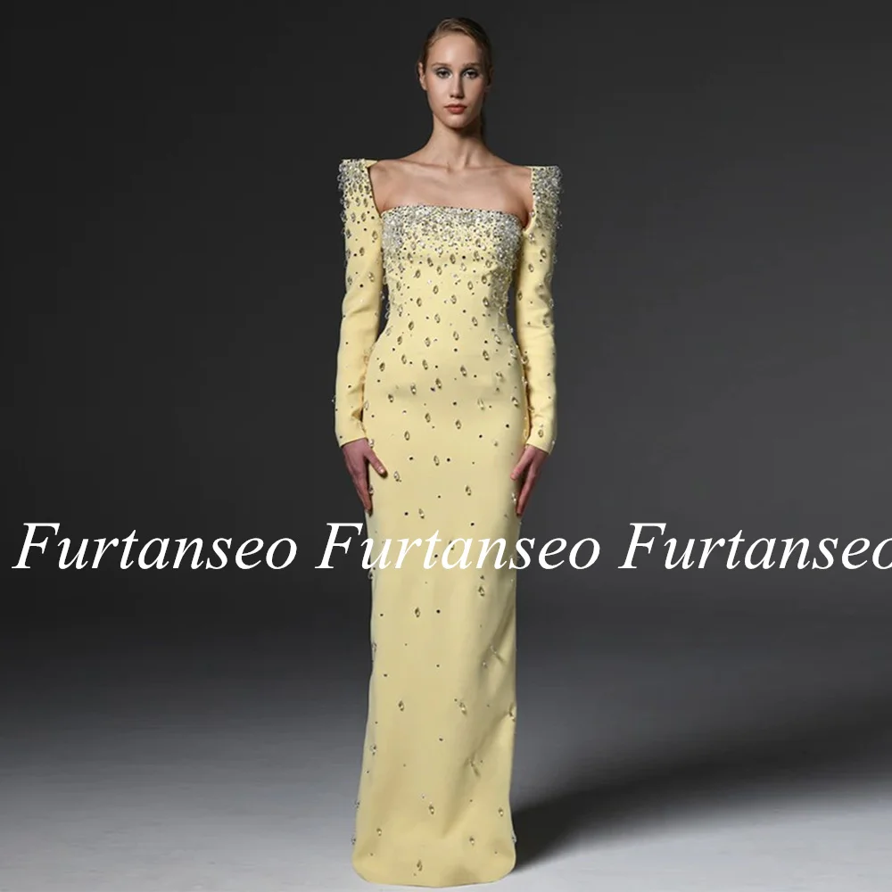 Yellow Prom Dresses: Custom Square Neck Rhinestone Party Gown