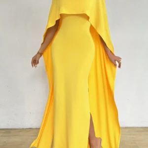 Yellow Prom Dresses Elegant Crew Neck Cape Style Long Evening Dress