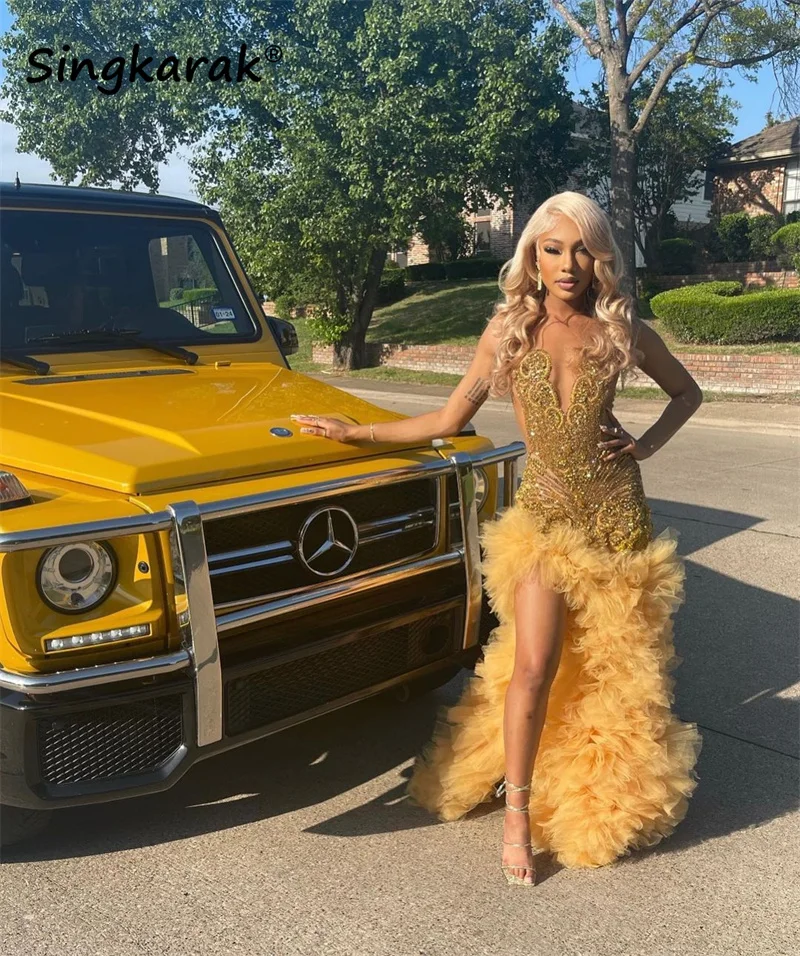 Yellow prom dresses with sparkly gold rhinestones and mermaid design