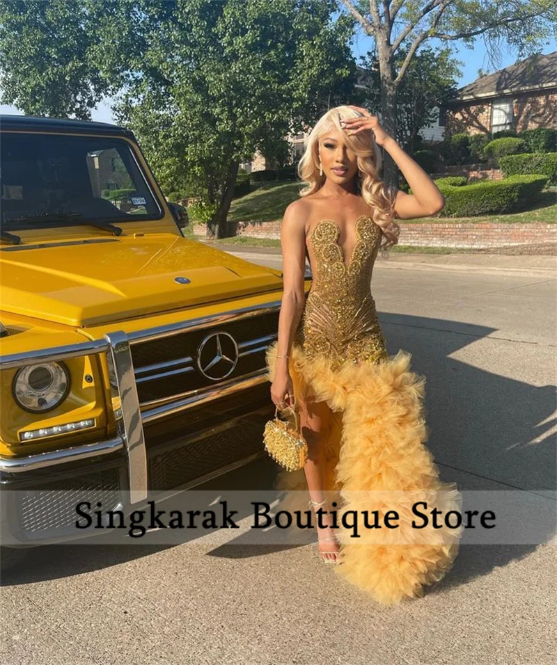 Yellow prom dresses with sparkly gold rhinestones and mermaid design - Image 2