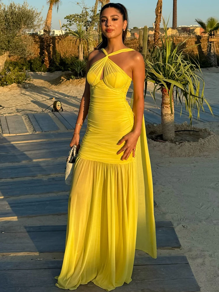 Elegant Yellow Halter Neck Ruched Mesh Pleated High Slit Party Dress - Image 2