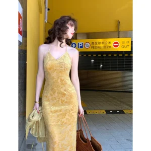 Yellow Prom Dresses Vintage Spaghetti Strap Bodycon V-Neck Cheongsam Dress