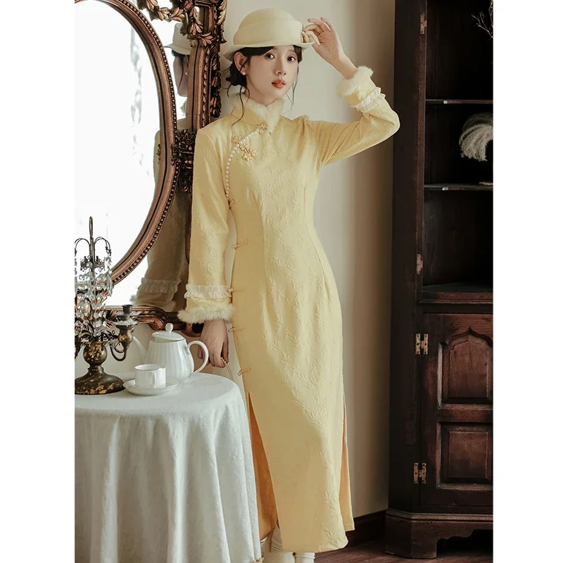 Yellow Beaded Jacquard Qipao Dress For Women Retro Autumn Style