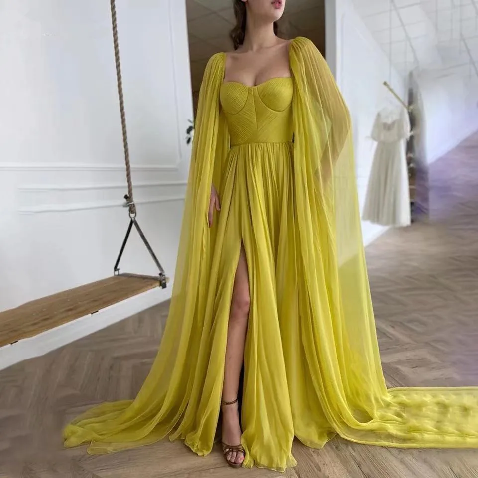 Yellow Prom Dresses: A-Line Ruffle Chiffon Evening Gown with Slit