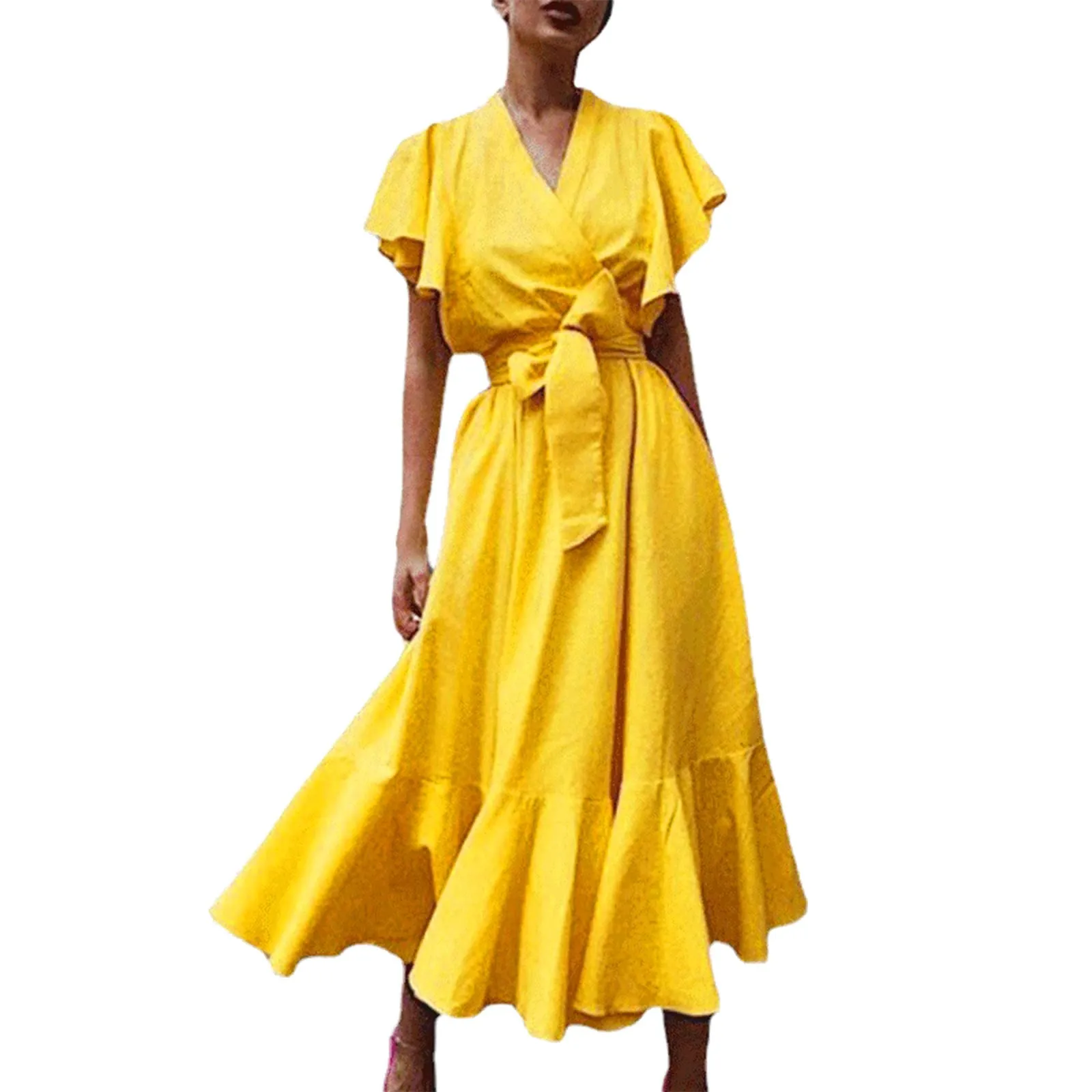 Elegant Yellow Lace-Up Ruffle Maxi Dress For Summer Beach Parties - Image 3