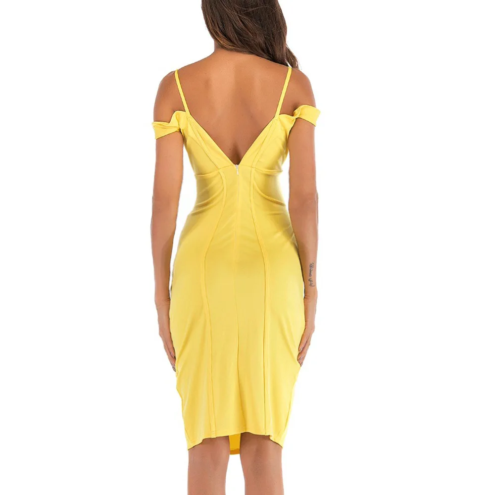 Yellow Camisole Dress Backless Slim Zipper Summer Office Gown Elegant - Image 2