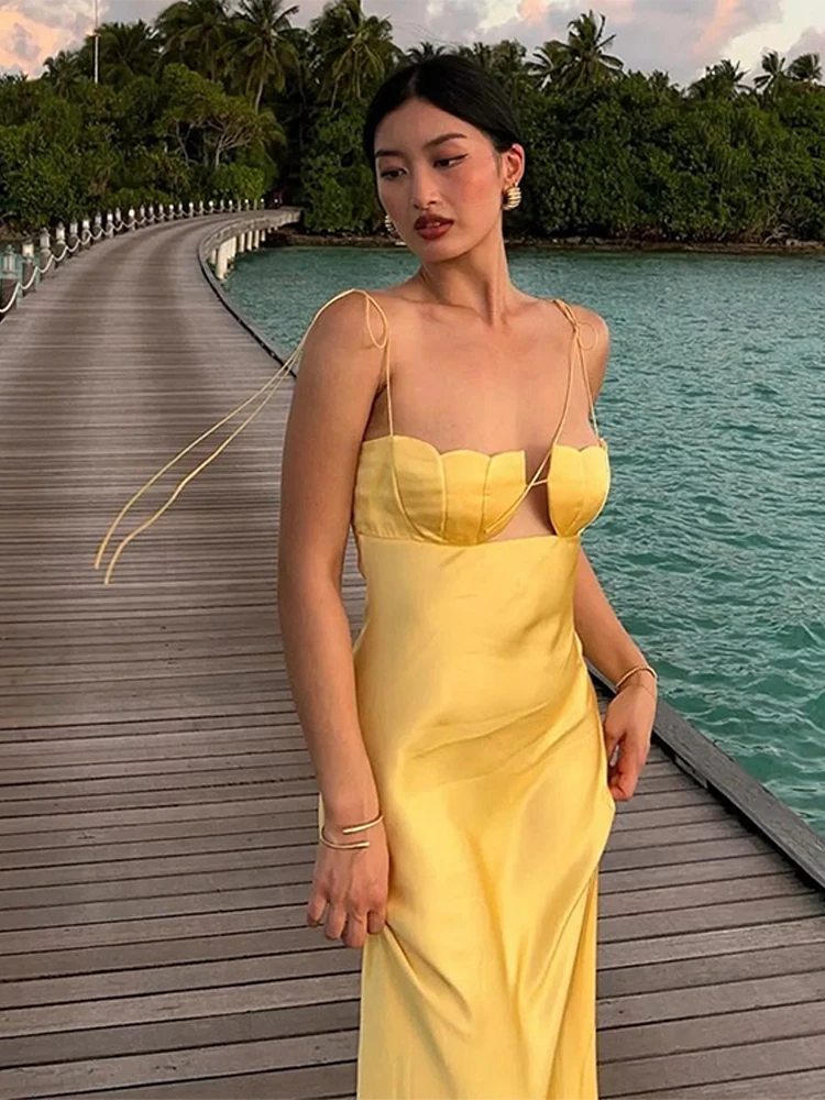 Summer Backless Yellow Satin Off-Shoulder Floral Party Dress 2025 - Image 2