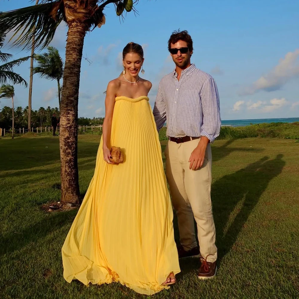 Dreamlike Yellow Summer Pleated Chiffon Long Formal Party Boho Dress