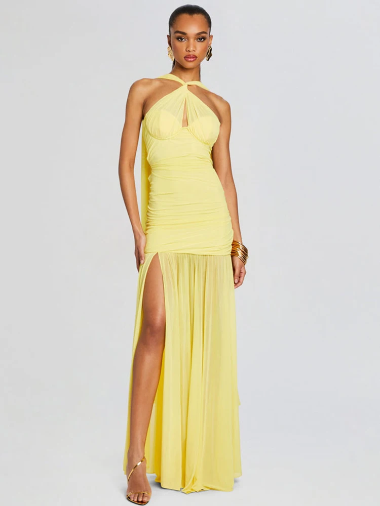 Elegant Yellow Halter Neck Ruched Mesh Pleated High Slit Party Dress - Image 6