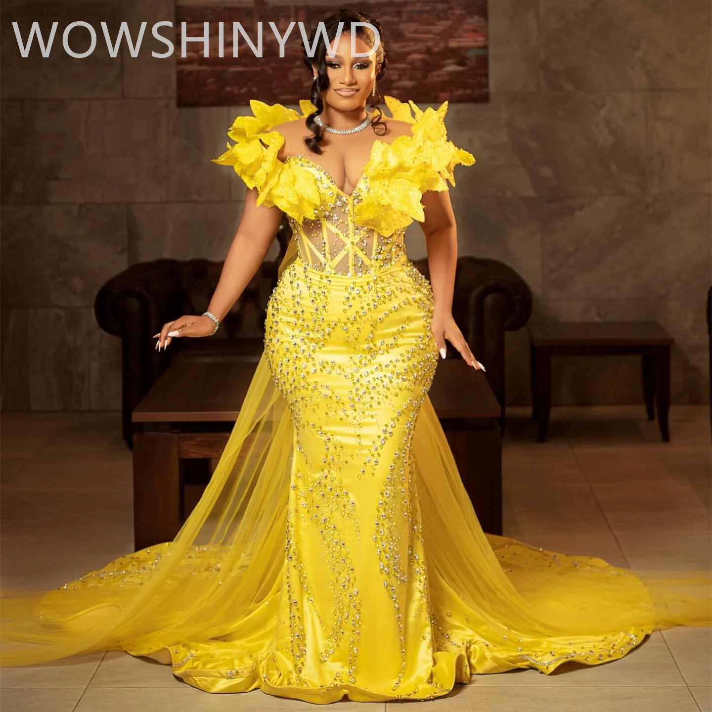 Yellow Prom Dresses: African Mermaid Floral Rhinestone Evening Gown