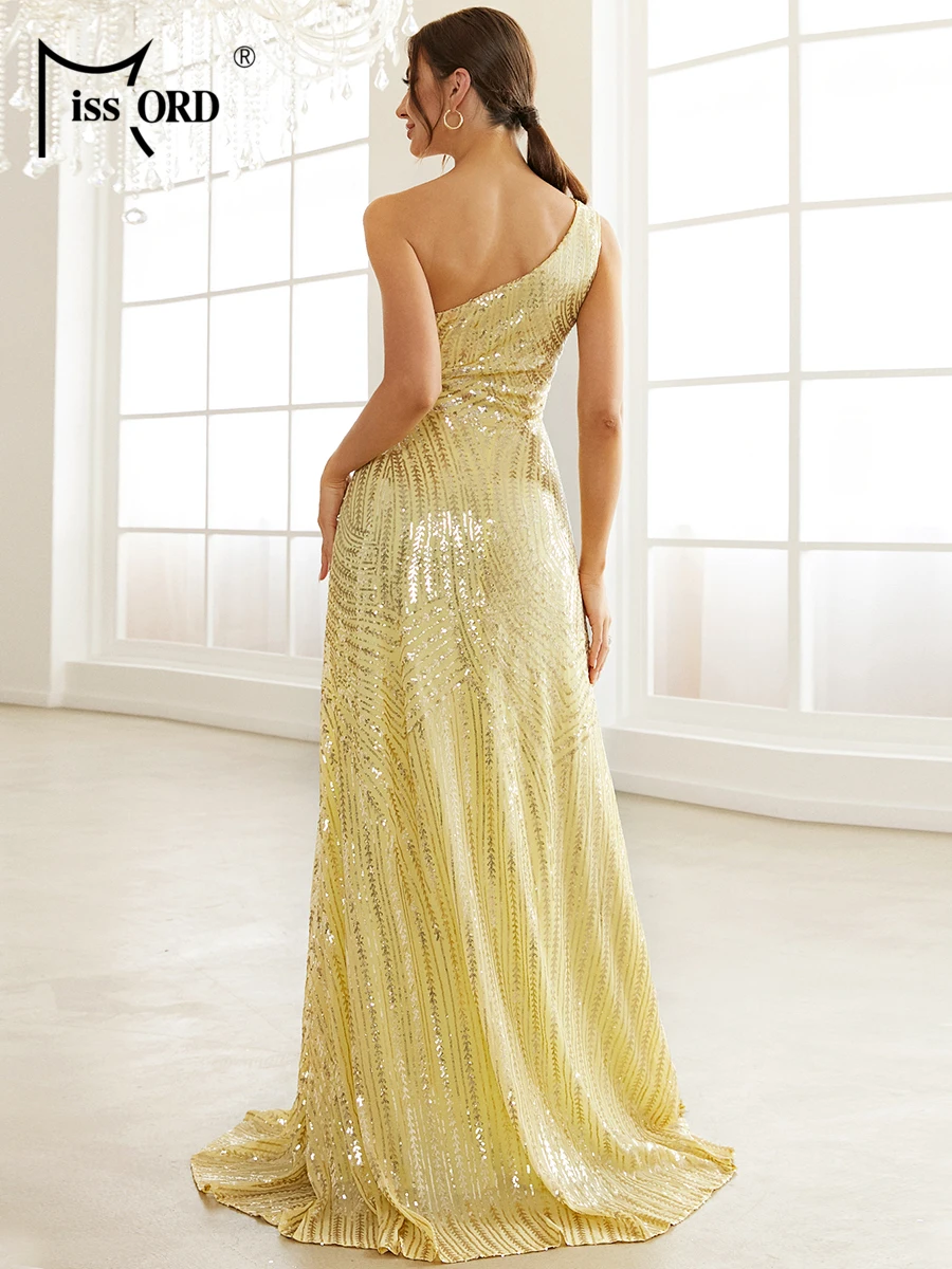 Elegant Yellow Sequin One Shoulder Sleeveless Split Prom Dress - Image 2