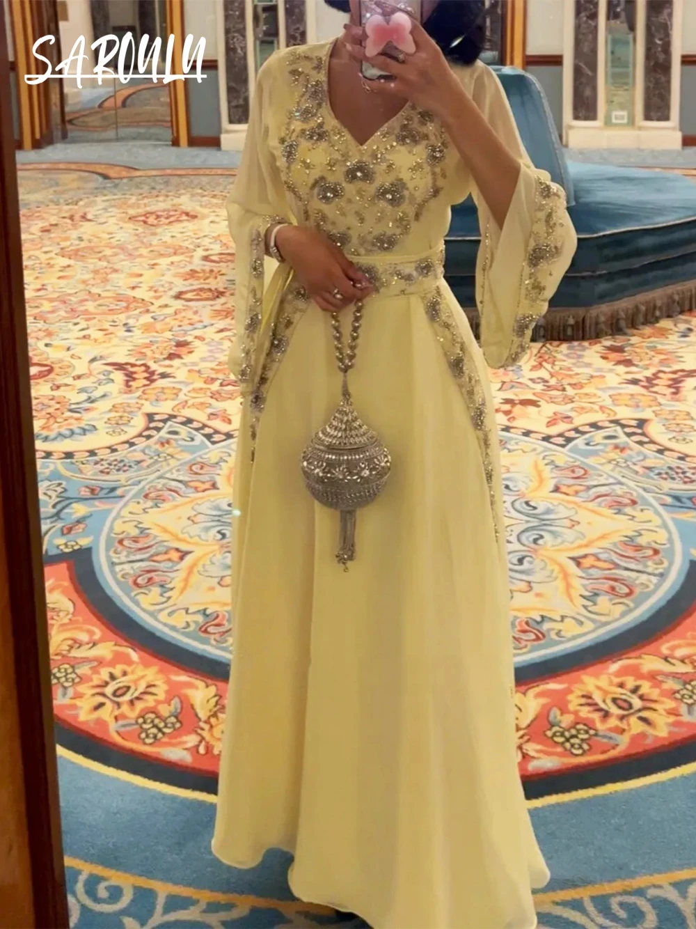 Yellow Prom Dresses: V-neck Haute Couture Evening Gown, Long Sleeve