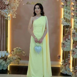 Msikoods Yellow One Shoulder Pleated Long Formal Evening Dress