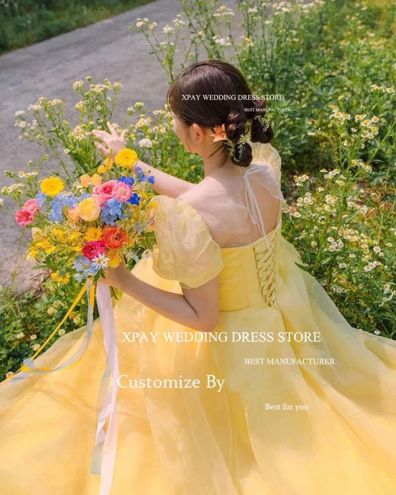 Yellow Prom Dresses A-Line Puff Sleeves Organza Evening Gown String Back - Image 5