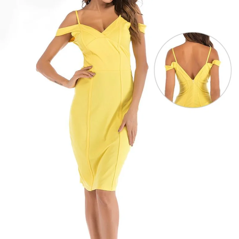 Yellow Camisole Dress Backless Slim Zipper Summer Office Gown Elegant