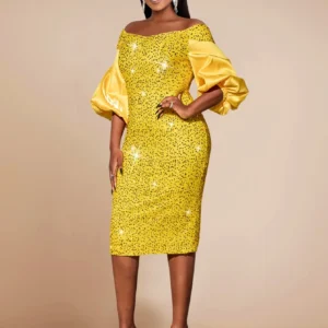 Yellow Prom Dresses Sequin Midi Cold Shoulder Puff Sleeve Bodycon Dress Plus Size