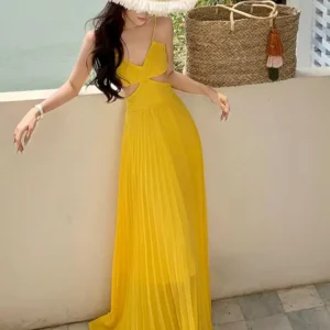 Yellow Prom Dresses Sleeveless Backless High Waist Pleated V-Neck Summer Long Dress