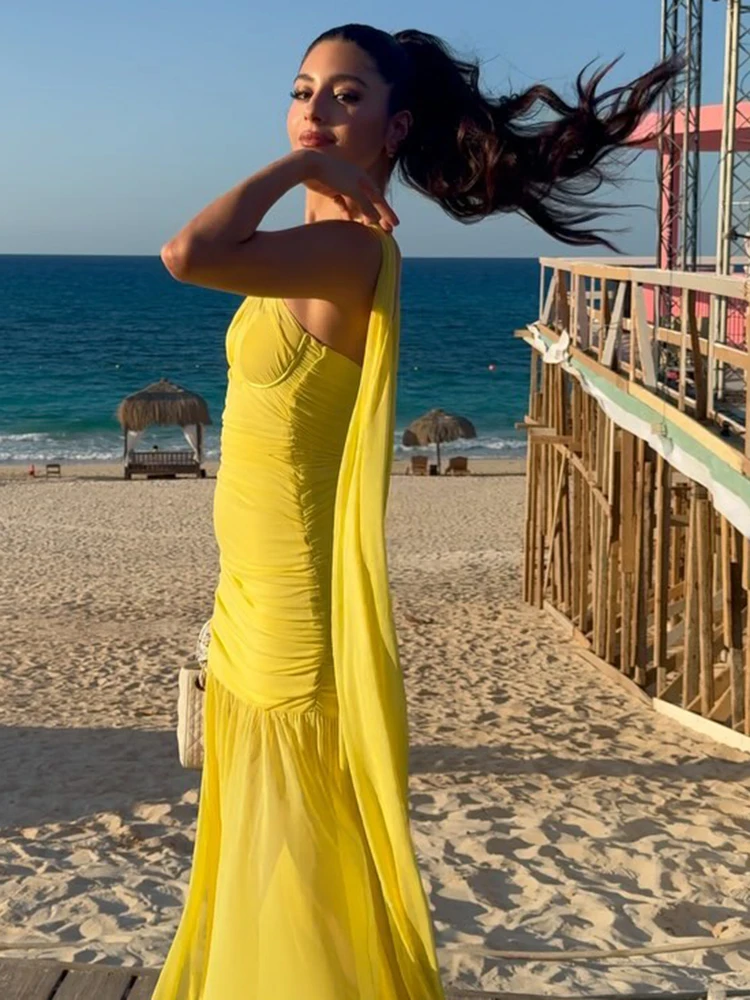 Elegant Yellow Halter Neck Ruched Mesh Pleated High Slit Party Dress - Image 3