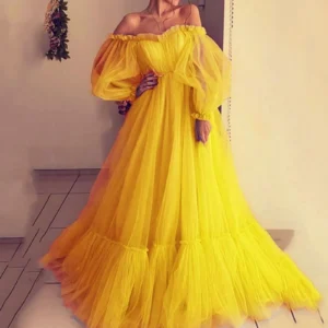 Yellow Off Shoulder Sexy Evening Party Dress For Women Elegant