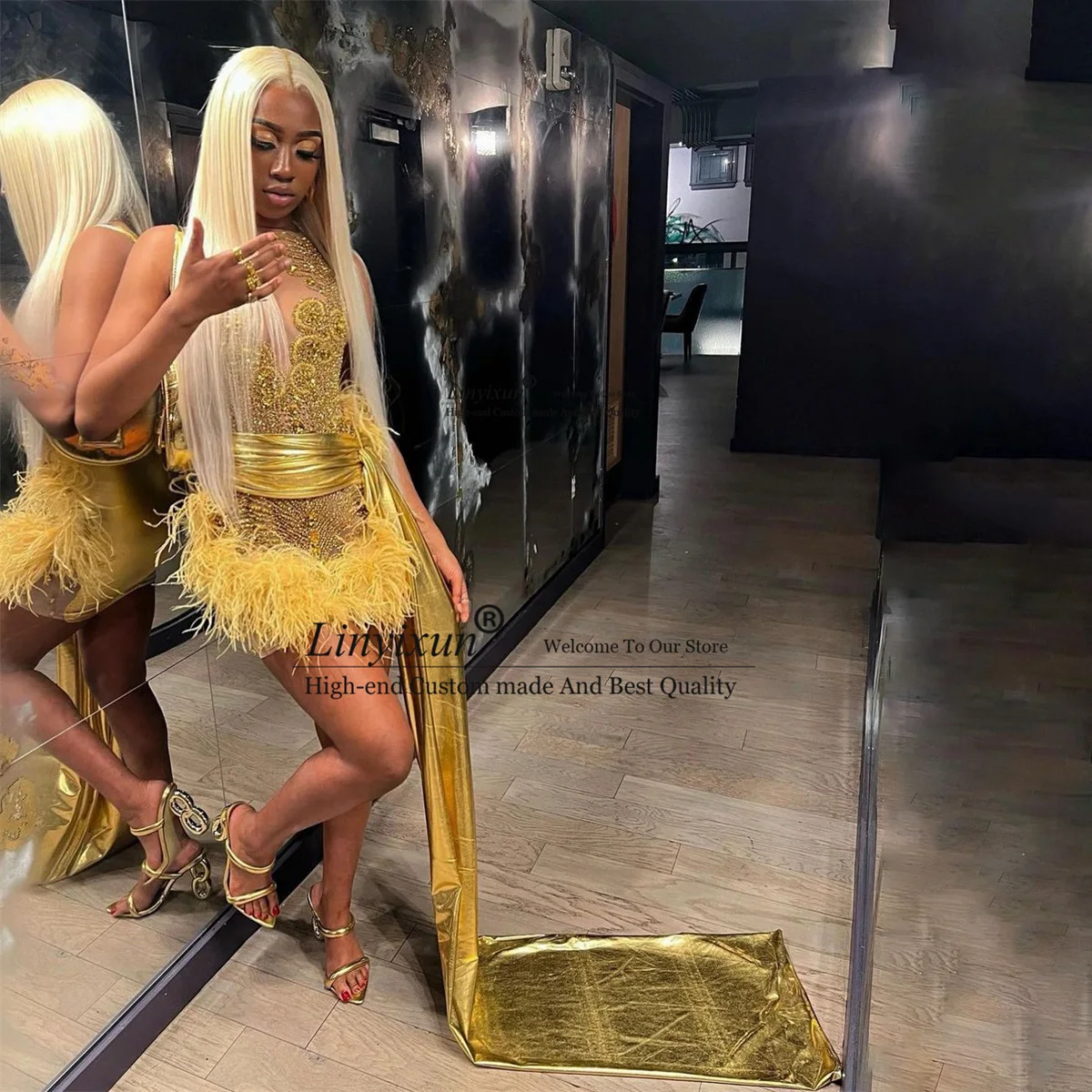 Yellow prom dresses with glitter, rhinestones, feathers, and crystals