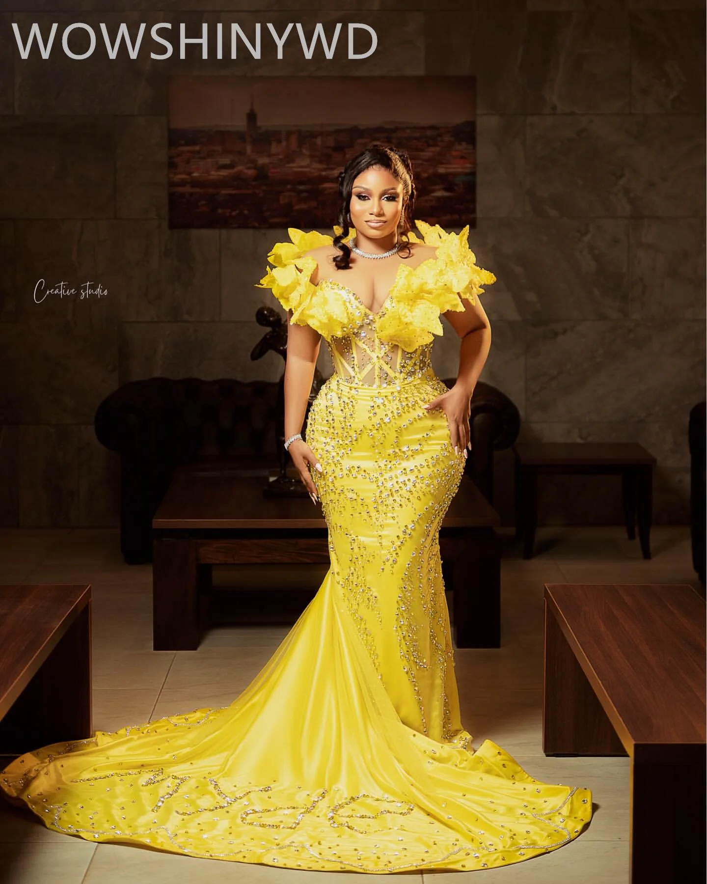 Yellow Prom Dresses: African Mermaid Floral Rhinestone Evening Gown - Image 3