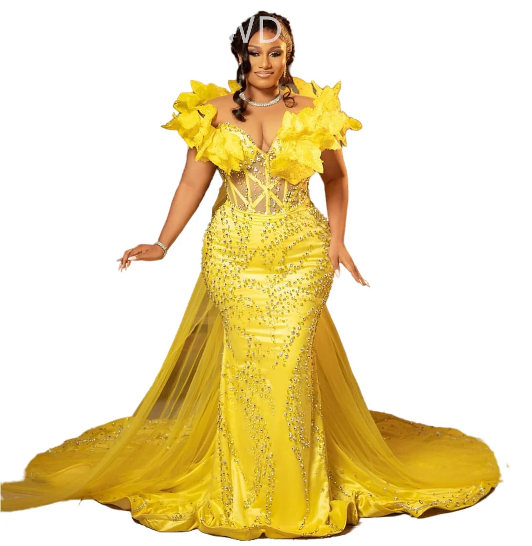 Yellow Prom Dresses: African Mermaid Floral Rhinestone Evening Gown - Image 2
