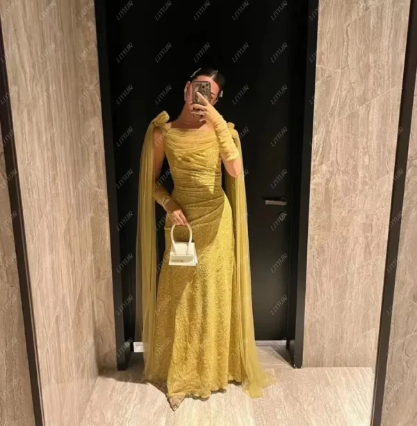 Yellow Prom Dresses: Glitter Mermaid Lace Floor-Length Party Gown