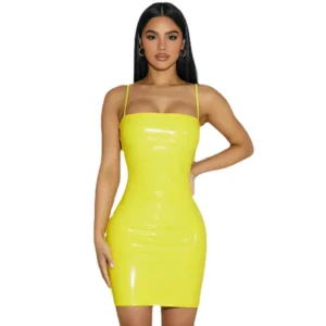 Sexy Yellow Faux Leather Backless Mini Dress For Night Party Wear
