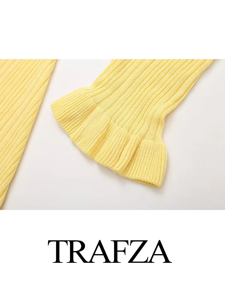 Yellow Knitted Ruffled Long Sleeve Elegant Casual Maxi Pocket Dress - Image 5