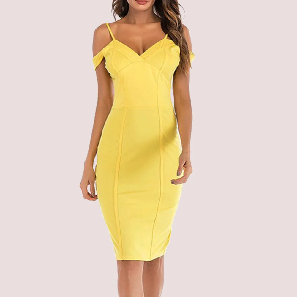 Yellow Camisole Dress Backless Slim Zipper Summer Office Gown Elegant - Image 6