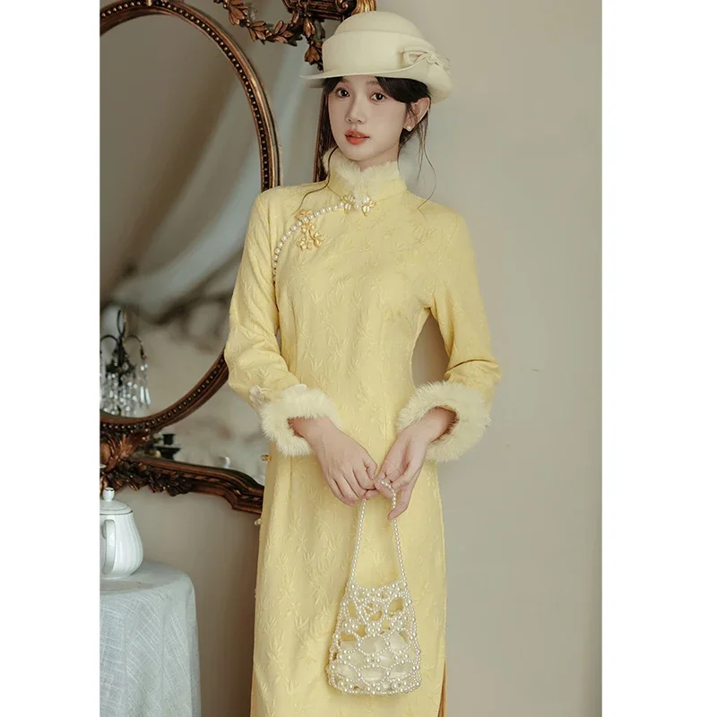 Yellow Beaded Jacquard Qipao Dress For Women Retro Autumn Style - Image 5