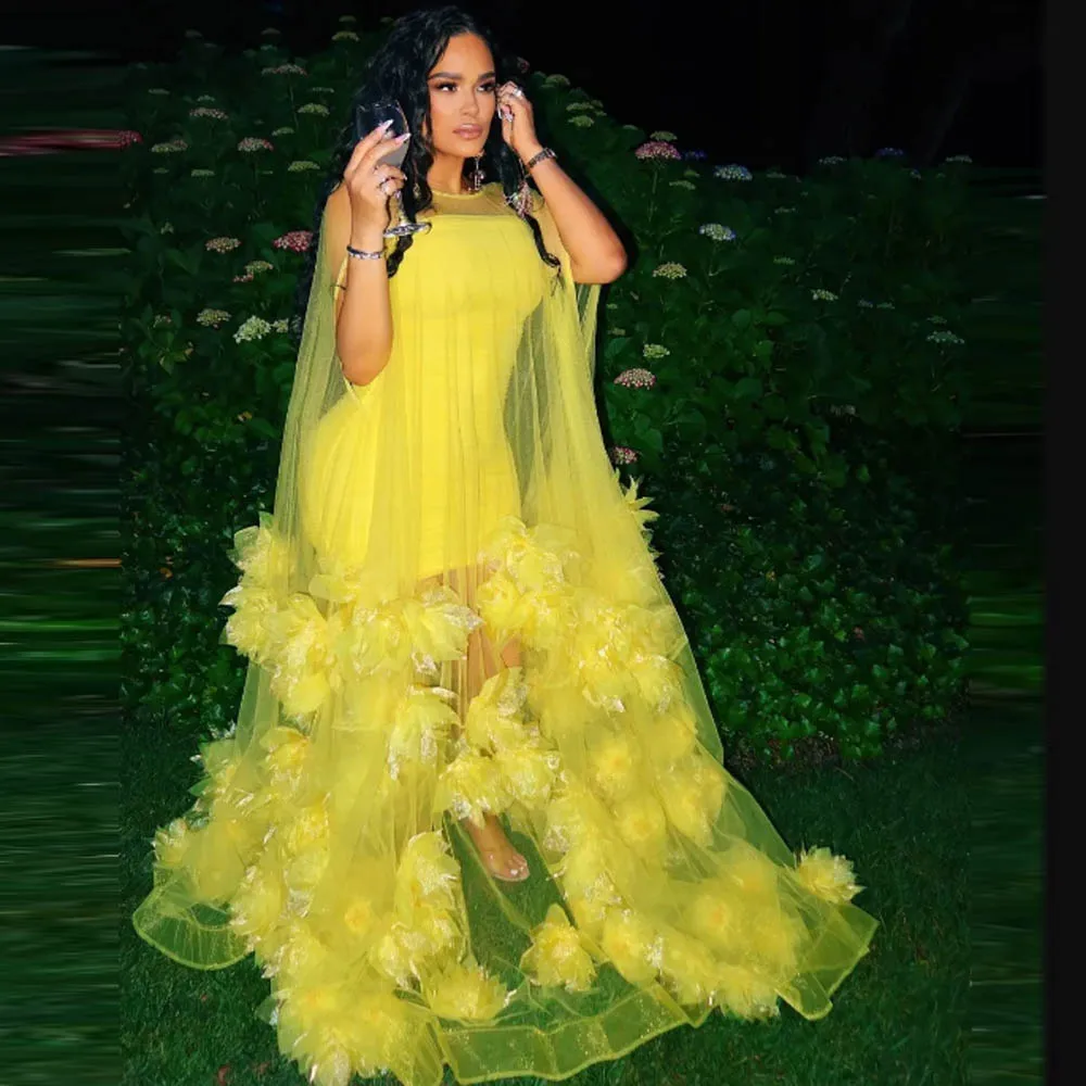 Yellow Prom Dresses See-Through Mermaid Appliques Floral Gown