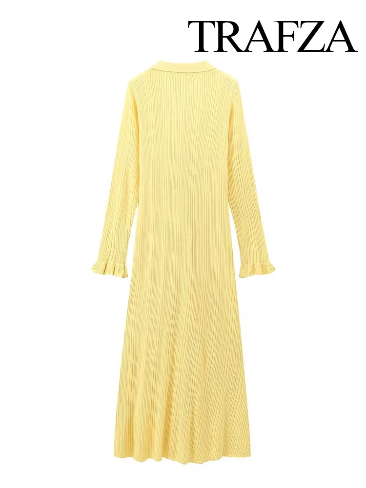 Yellow Knitted Ruffled Long Sleeve Elegant Casual Maxi Pocket Dress - Image 4
