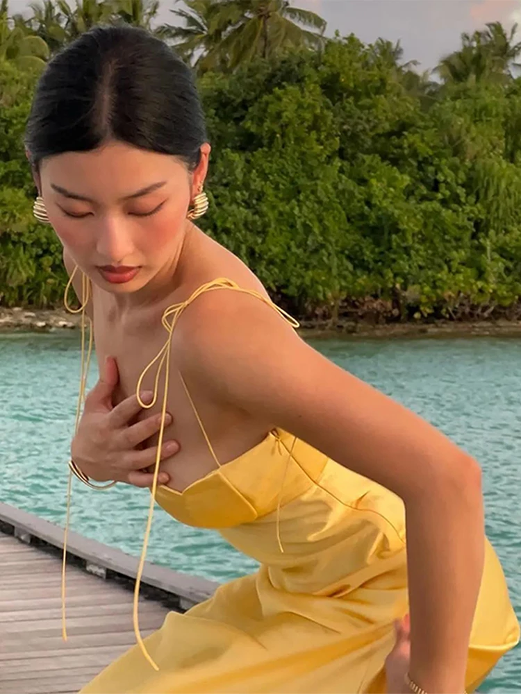 Summer Backless Yellow Satin Off-Shoulder Floral Party Dress 2025 - Image 3