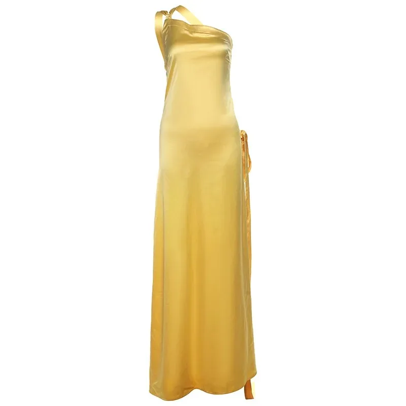 Women's Backless Yellow Satin Lace-Up Off Shoulder Party Dress Elegant - Image 6