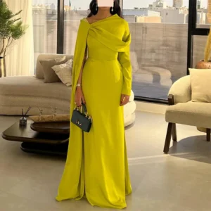 Yellow Prom Dresses Elegant Long Sleeve Floor-Length Evening Gown