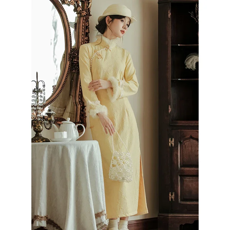 Yellow Beaded Jacquard Qipao Dress For Women Retro Autumn Style - Image 2