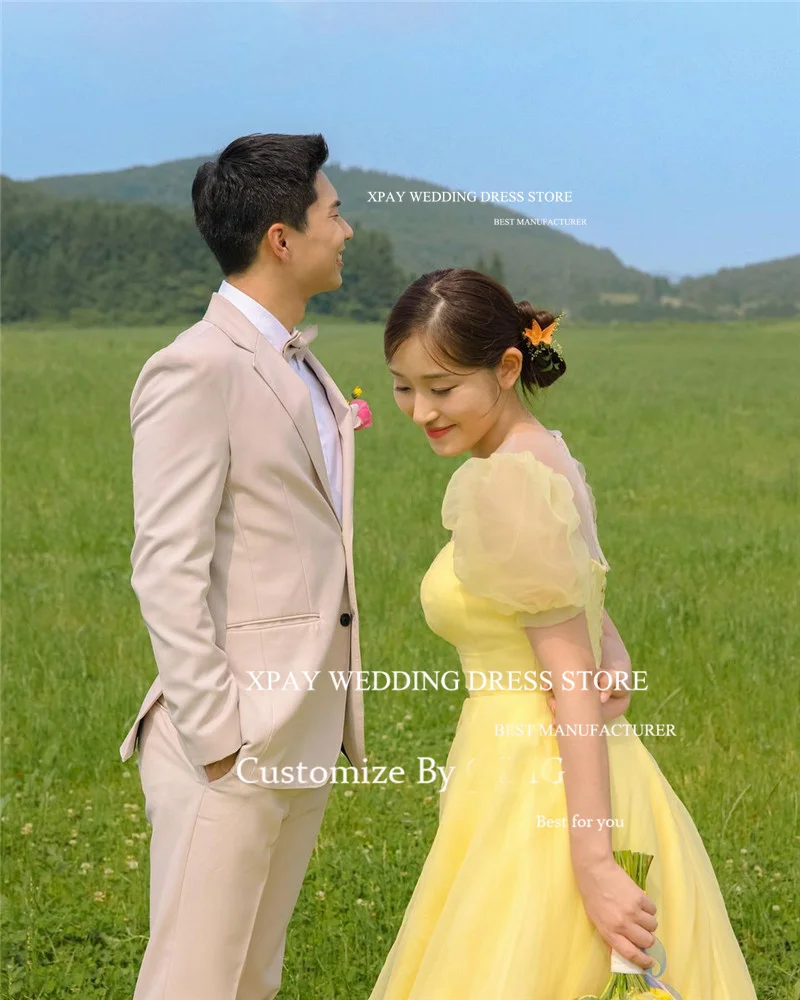 Yellow Prom Dresses A-Line Puff Sleeves Organza Evening Gown String Back - Image 4