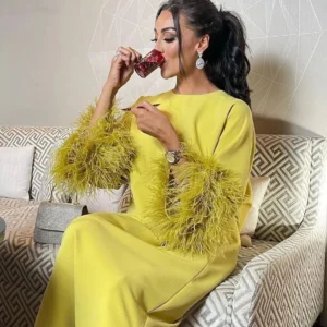 Romantic Vintage Yellow Feather Half Sleeves Evening Prom Dress 2025