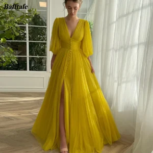Yellow Prom Dresses A-Line Deep V-Neck Half Sleeves Party Gown
