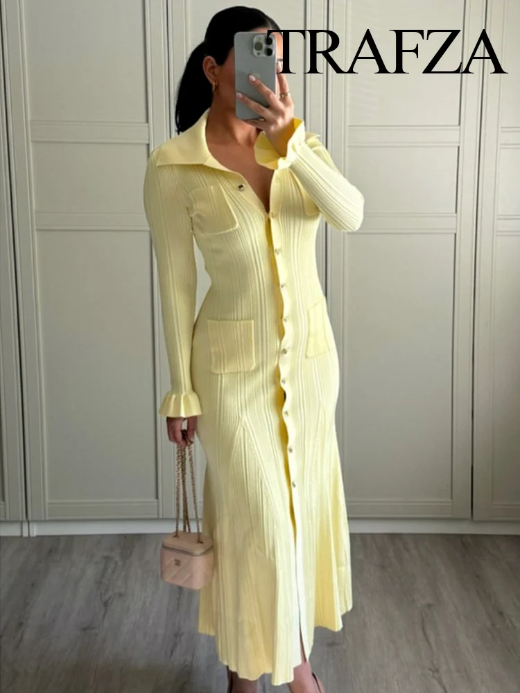 Yellow Knitted Ruffled Long Sleeve Elegant Casual Maxi Pocket Dress - Image 2